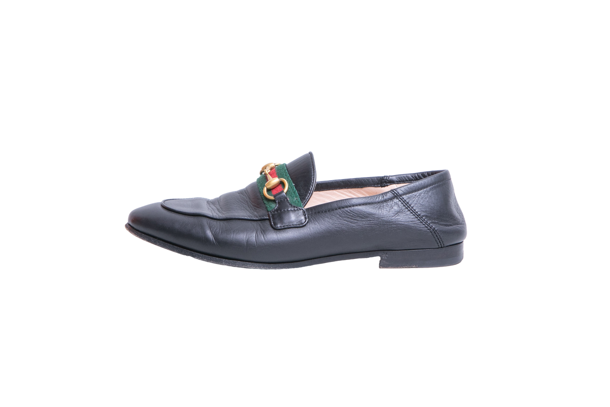 GUCCI MOCASSIM JORDAAN WEB LEATHER BLACK - 36 BR