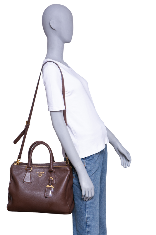 PRADA SHOPPING DOUBLE ZIP LARGE VITELLO DAINO BROWN