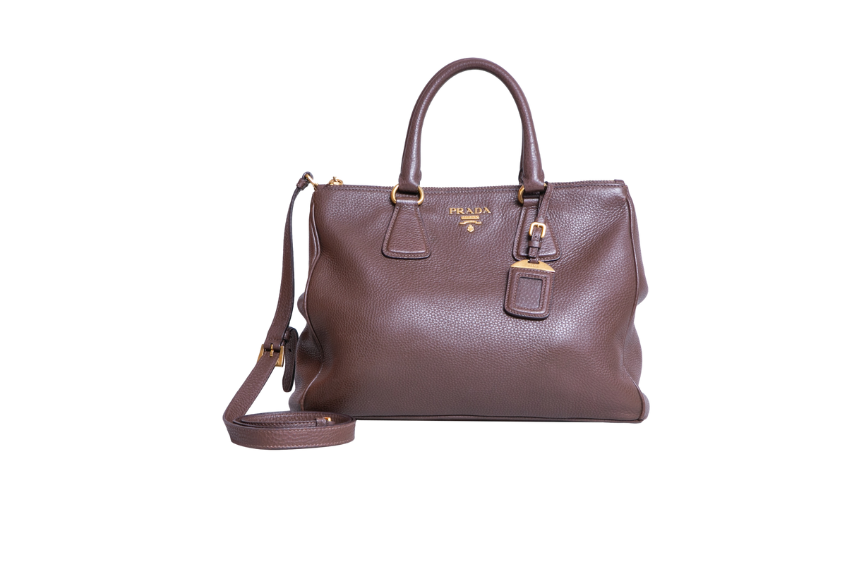 PRADA SHOPPING DOUBLE ZIP LARGE VITELLO DAINO BROWN