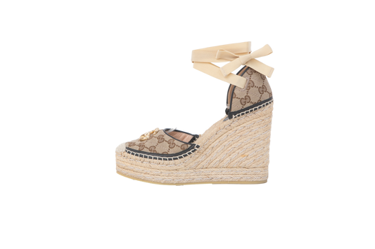 GUCCI ESPADRILLE WEDGES PLATFORM GG ANKLE TIE - 37 1/2 BR