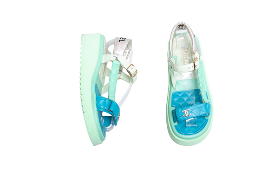 CHANEL SANDAL DAD INTERLOCKING CC BLUE/GREEN - 35 1/2 BR
