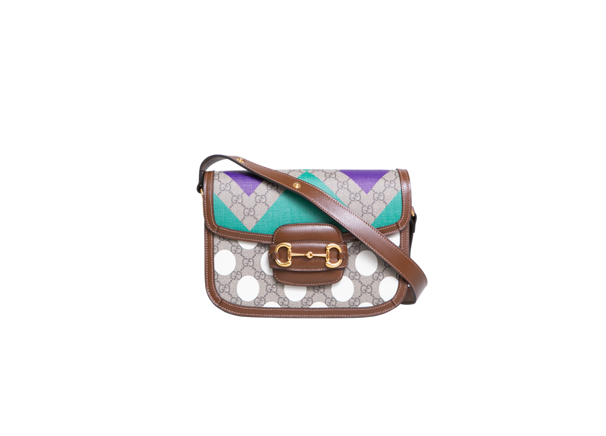 GUCCI HORSEBIT 1955 MEDIUM GG MONOGRAM WITH GEOMETRIC PRINT E POLKA DOT BROWN