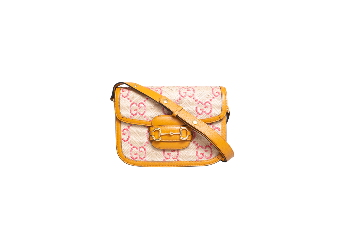 GUCCI HORSEBIT 1955 MEDIUM RAFFIA DARK YELLOW/PINK