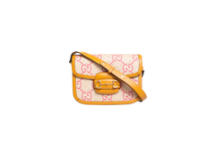GUCCI HORSEBIT 1955 MEDIUM RAFFIA DARK YELLOW/PINK