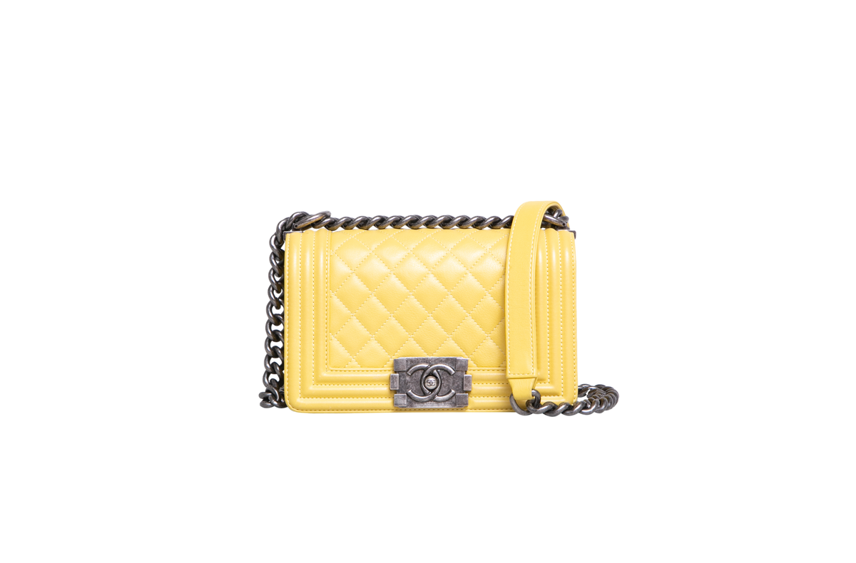CHANEL BOY SMALL LAMBSKIN YELLOW-RUTHENIUM HDWR