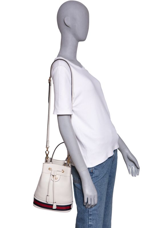 GUCCI BUCKET OPHINIA WEB SMALL LEATHER OFF WHITE