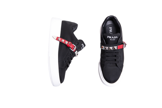 PRADA SNEAKER STUDDED STRAP NYLON BLACK -  37 1/2 BR
