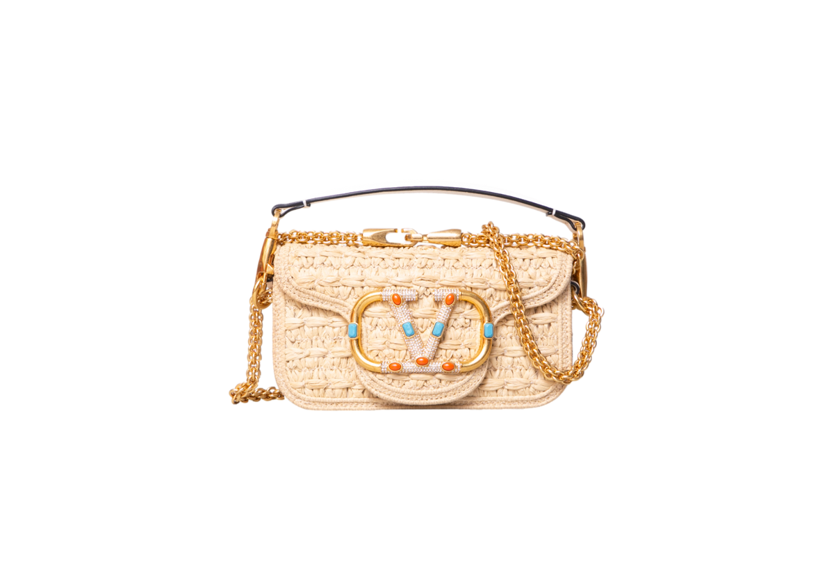 VALENTINO LOCÒ SMALL RAFFIA AND LEATHER NATURAL/IVORY