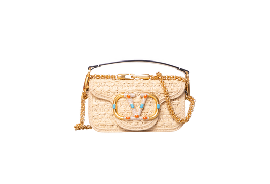 VALENTINO LOCÒ SMALL RAFFIA AND LEATHER NATURAL/IVORY