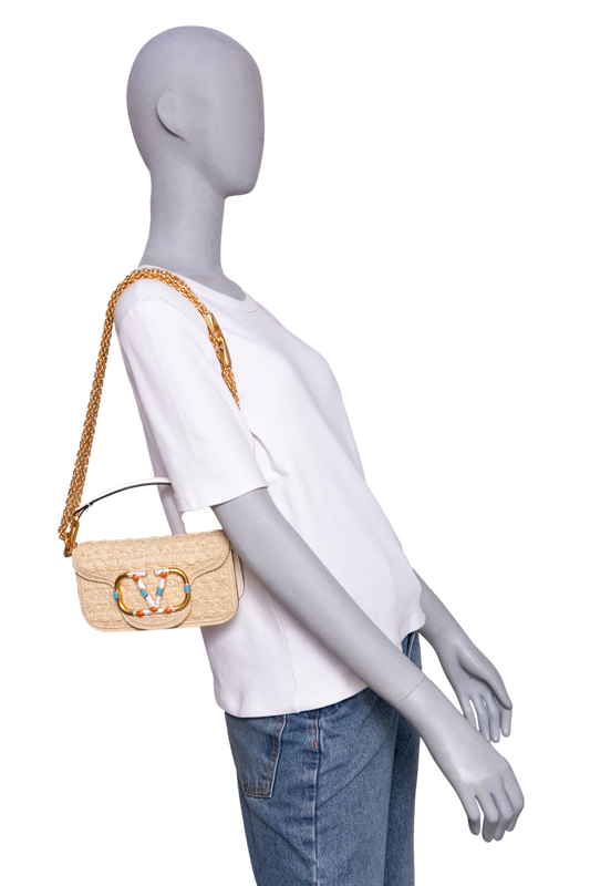 VALENTINO LOCÒ SMALL RAFFIA AND LEATHER NATURAL/IVORY