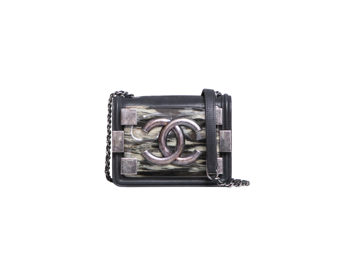 CHANEL MINI BOY BRICK BLACK IRIDESCENT CALFSKIN AND PLEXIGLAS