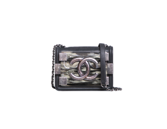 CHANEL MINI BOY BRICK BLACK IRIDESCENT CALFSKIN AND PLEXIGLAS