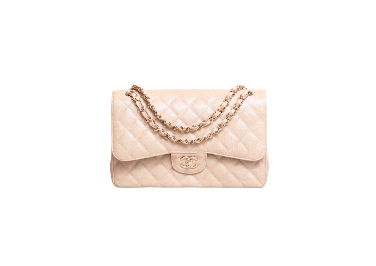 CHANEL CLASSIC DOUBLE FLAP CAVIAR JUMBO PEARLY BEIGE