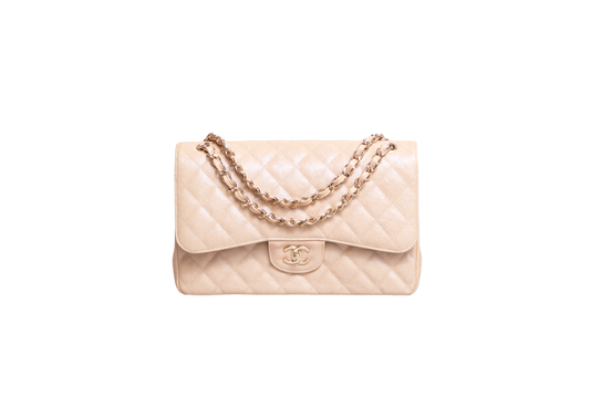 CHANEL CLASSIC DOUBLE FLAP CAVIAR JUMBO PEARLY BEIGE