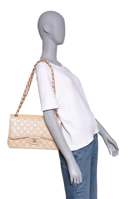 CHANEL CLASSIC DOUBLE FLAP CAVIAR JUMBO PEARLY BEIGE