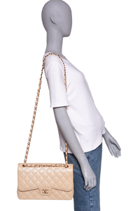 CHANEL CLASSIC DOUBLE FLAP CAVIAR JUMBO PEARLY BEIGE