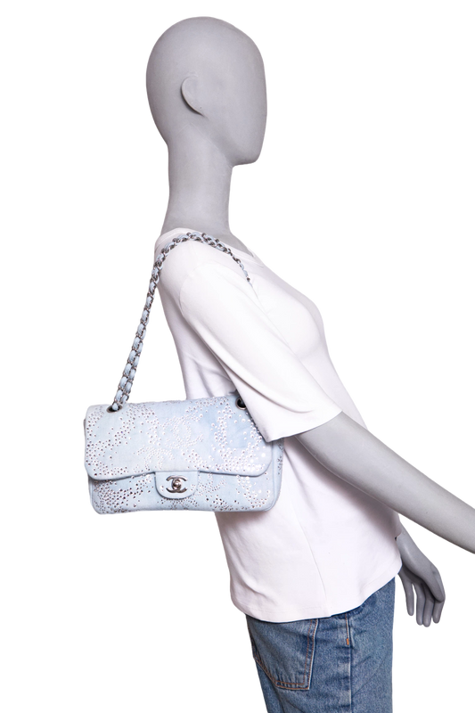 CHANEL STRASS EMBELLISHED DENIM FLAP BAG - SILVER HDWR