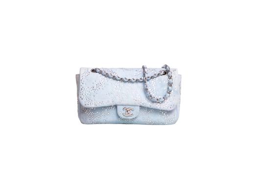 CHANEL STRASS EMBELLISHED DENIM FLAP BAG - SILVER HDWR