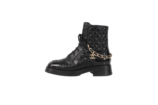 CHANEL ANKLE BOOTS LACE UP CHAIN BLACK - 38 BR