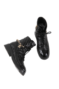 CHANEL ANKLE BOOTS LACE UP CHAIN BLACK