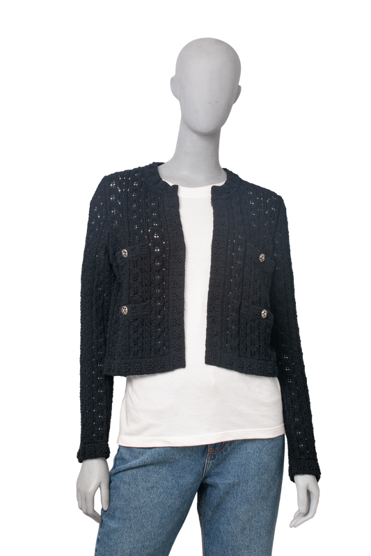 CHANEL CARDIGAN COTTON EMBROIDERED NAVY