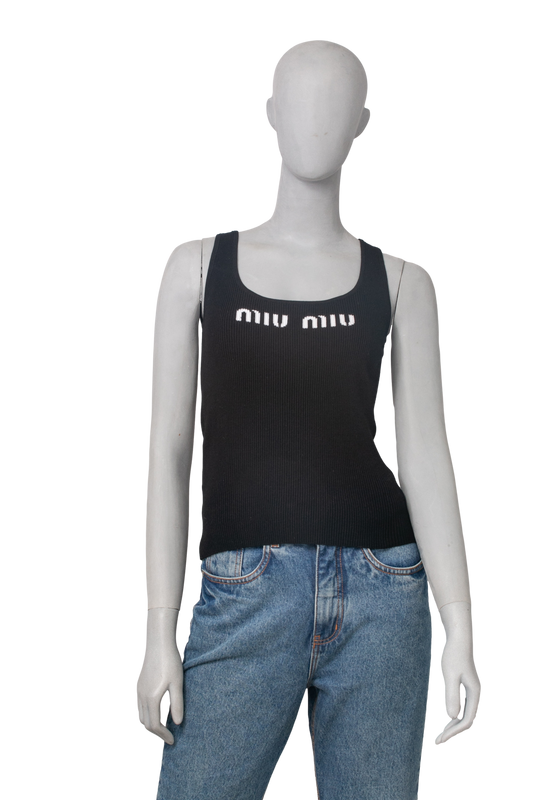 MIU MIU LOGO-KNIT RIBBED TANK TOP BLACK