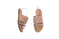 DESAPEGO THASSIA NAVES CHANEL SANDAL FLAT BEIGE VELVET CC CHAIN - 36 1/2 BR