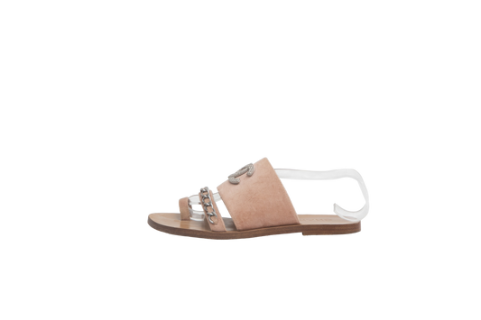 DESAPEGO THASSIA NAVES CHANEL SANDAL FLAT BEIGE VELVET CC CHAIN - 36 1/2 BR
