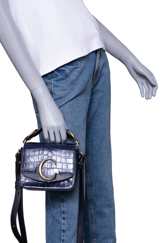 CHLOÉ MINI C CROCO EMBOSSED NAVY