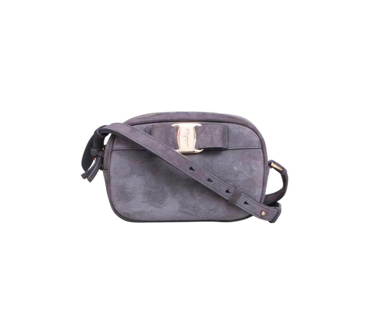 FERRAGAMO RAINBOW VARA BOW CAMARA BAG SUEDE GRAY