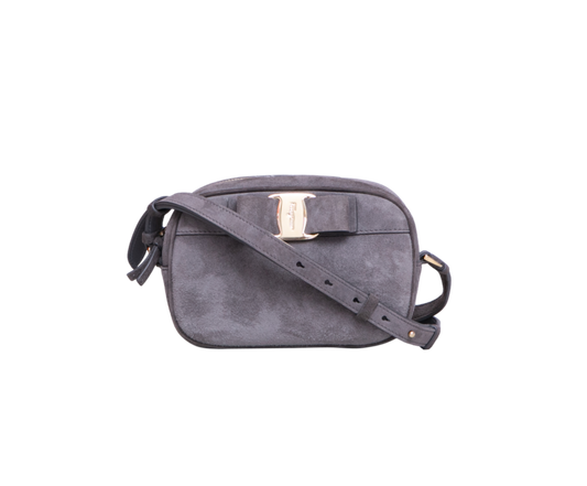 FERRAGAMO RAINBOW VARA BOW CAMARA BAG SUEDE GRAY