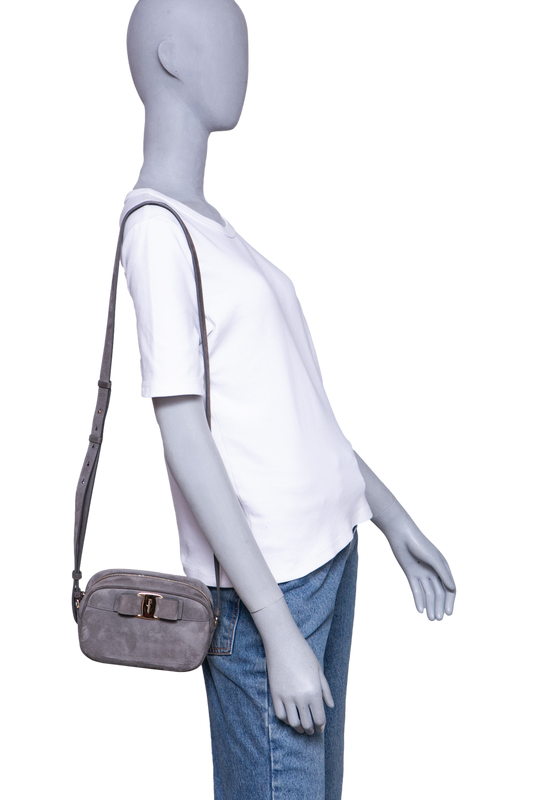FERRAGAMO RAINBOW VARA BOW CAMARA BAG SUEDE GRAY