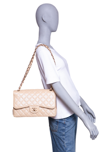 CHANEL CLASSIC DOUBLE FLAP CAVIAR JUMBO PEARLY BEIGE