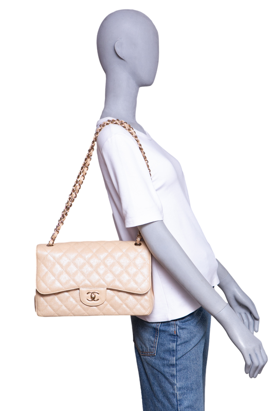 CHANEL CLASSIC DOUBLE FLAP CAVIAR JUMBO PEARLY BEIGE