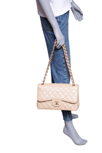 CHANEL CLASSIC DOUBLE FLAP CAVIAR JUMBO PEARLY BEIGE