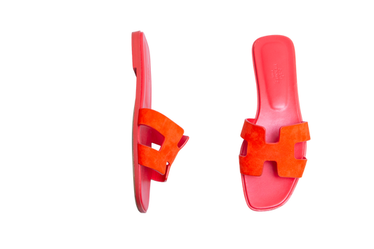 HERMÈS SANDAL ORAN LEATHER ROUGE GRENADINE - 37 1/2 BR