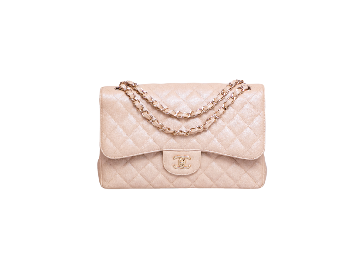 CHANEL CLASSIC DOUBLE FLAP CAVIAR JUMBO PEARLY BEIGE