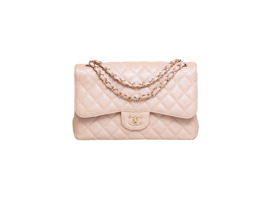 CHANEL CLASSIC DOUBLE FLAP CAVIAR JUMBO PEARLY BEIGE