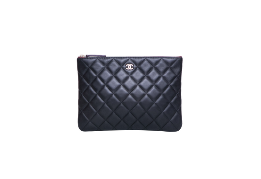 CHANEL CLASSIC ZIPPED POUCH BLACK LAMBSKIN E GOLD TONE METAL