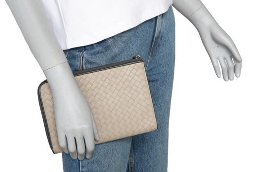 BOTTEGA POUCH ORGANIZER INTRECCIATO ZIPPER BEIGE