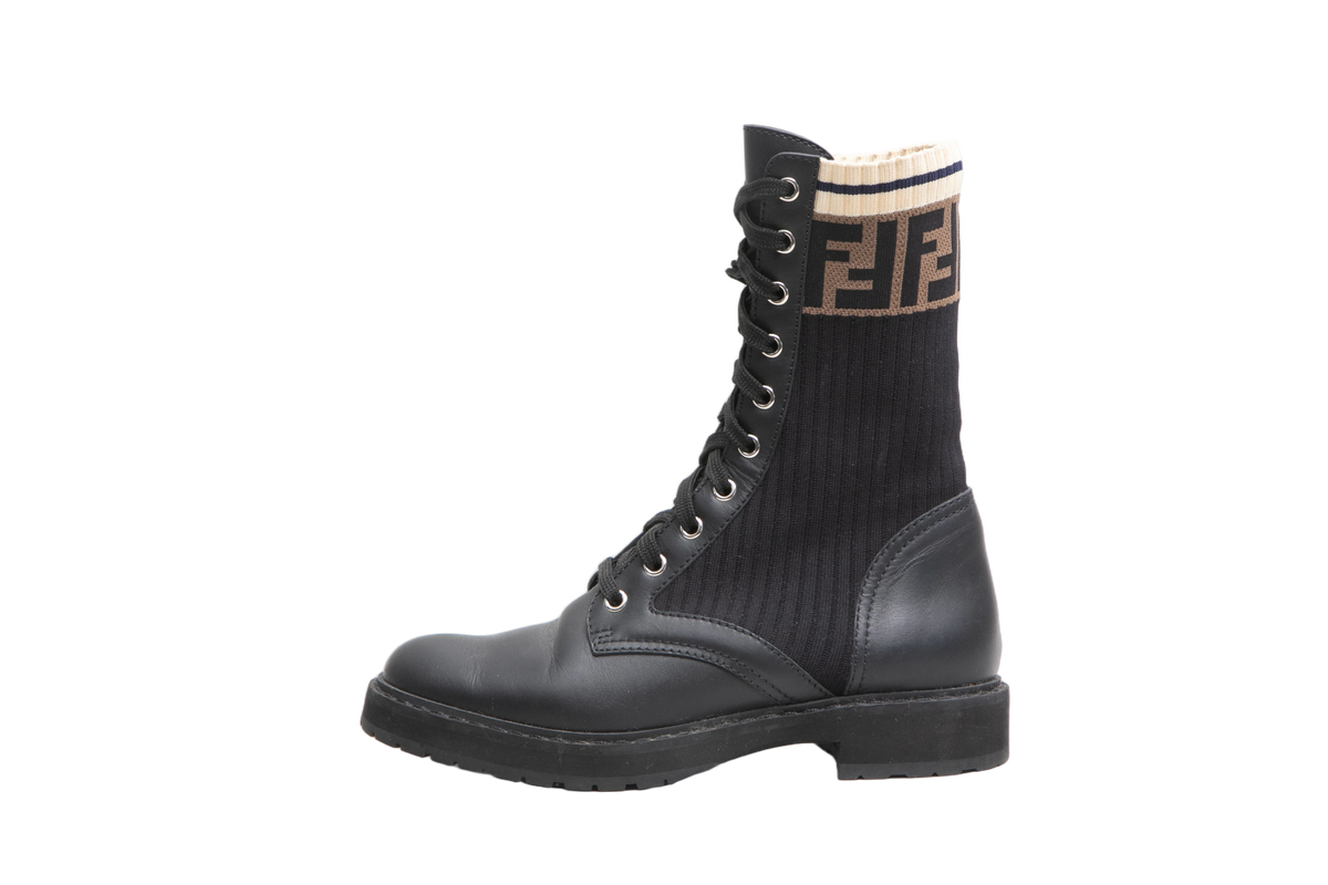 FENDI BOOTIE ROCKOKO FF LEATHER & FABRIC - 35 BR