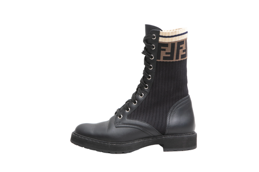 FENDI BOOTIE ROCKOKO FF LEATHER & FABRIC - 35 BR