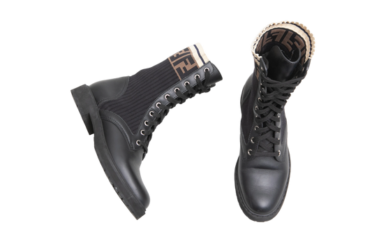 FENDI BOOTIE ROCKOKO FF LEATHER & FABRIC - 35 BR