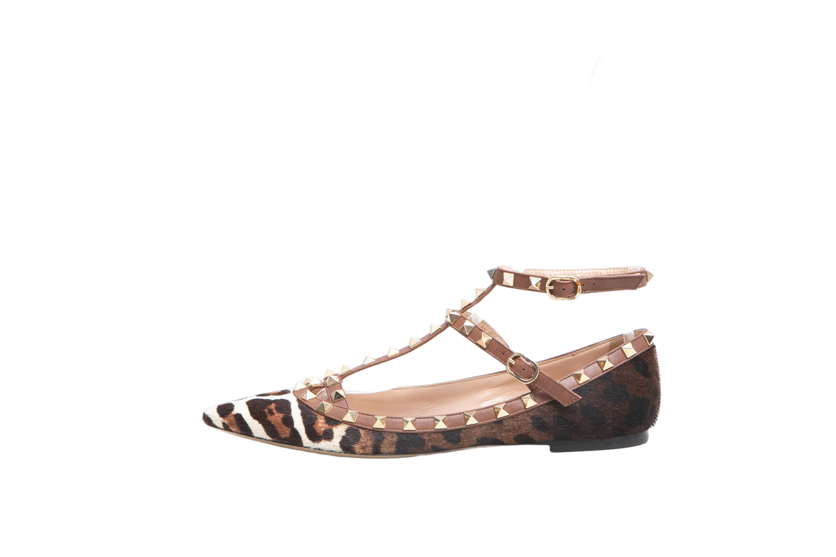 VALENTINO BALLERINA FLATS ROCKSTUD LEOPARD PRINT - 38 BR