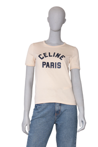 CELINE T-SHIRT BEIGE SIGNATURE NAVY