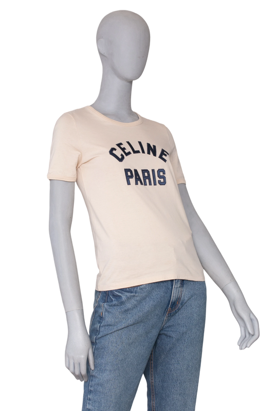 CELINE T-SHIRT BEIGE SIGNATURE NAVY