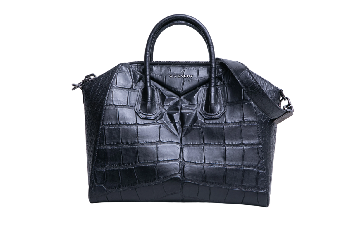 GIVENCHY ANTIGONA MEDIUM CROC EMBOSSED SATCHEL BLACK