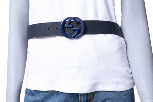 GUCCI BELT INTERLOCKING G LOGO LEATHER NAVY