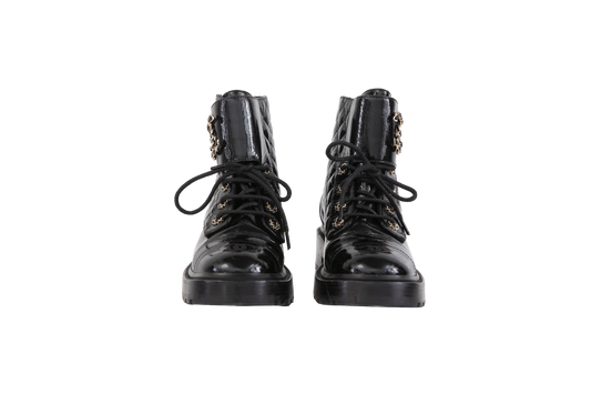 CHANEL BOOTS LACE UP CC COMBAT BLACK - 35 1/2 BR