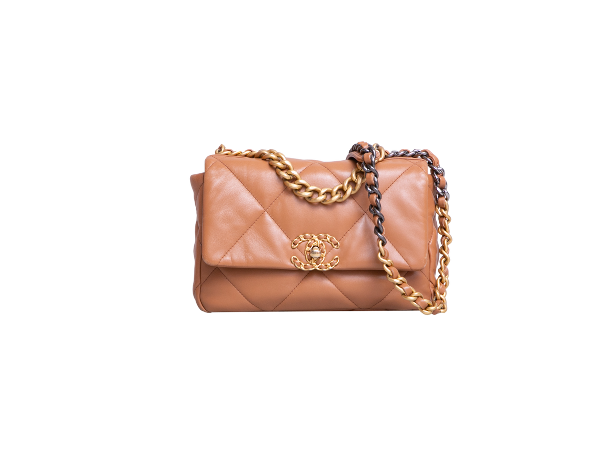 CHANEL 19 SMALL FLAP BAG LAMBSKIN CARAMEL
